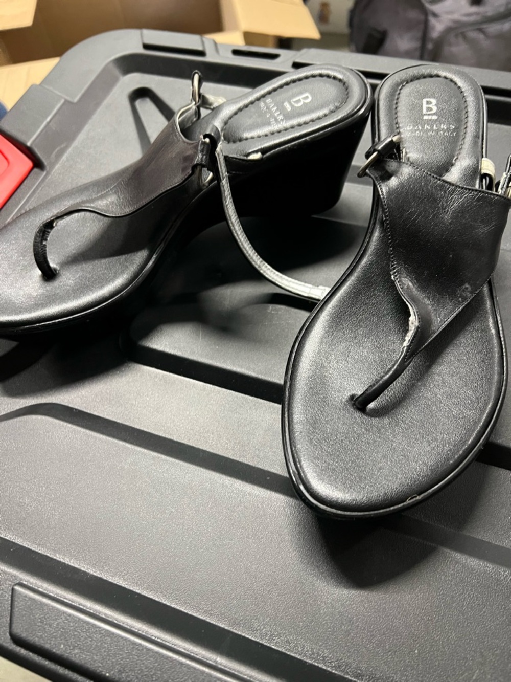 b. makowsky Black Thong Wedge Sandals